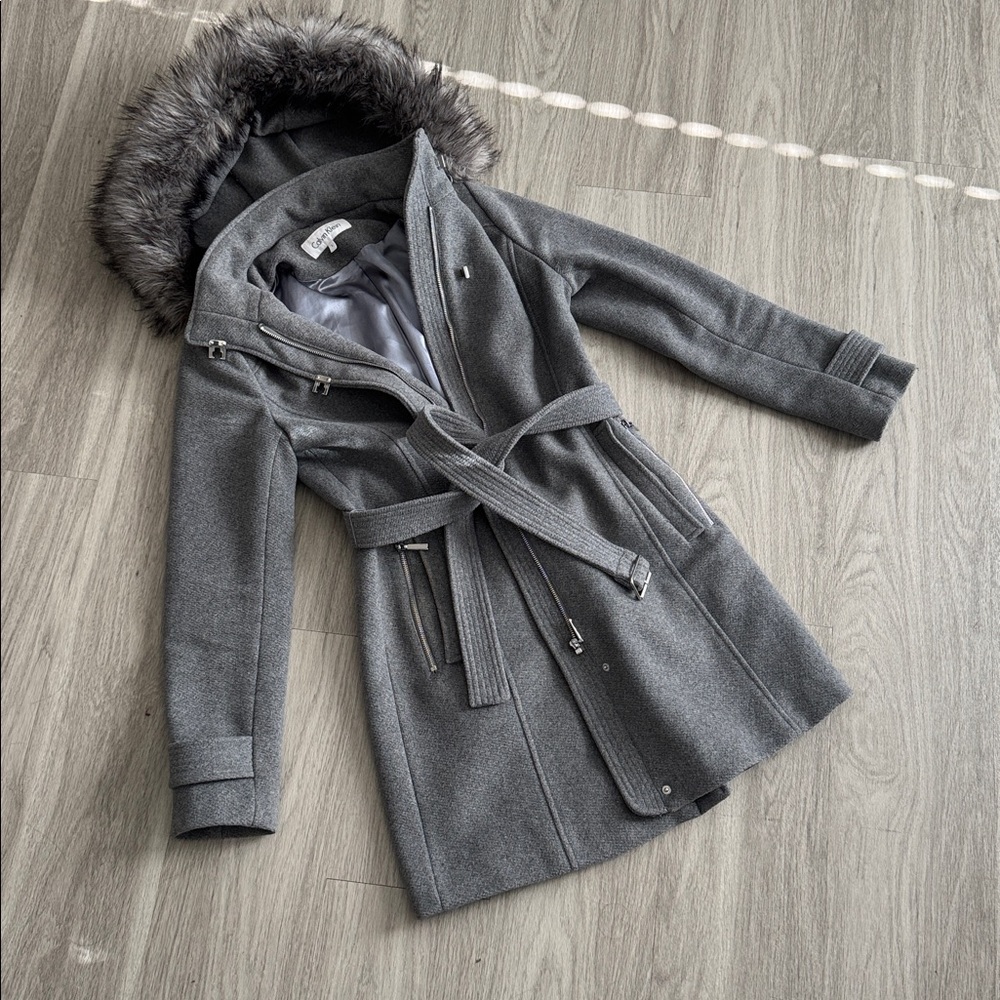 Calvin Klein Gray Faux Fur-Trimmed Coat, S